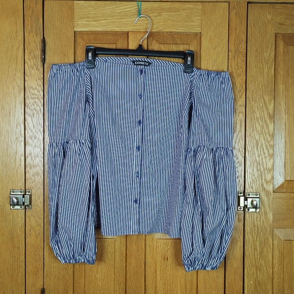 Express blue& white striped sexy off shoulder puff long sleeve Bardot blouse - Picture 2 of 11